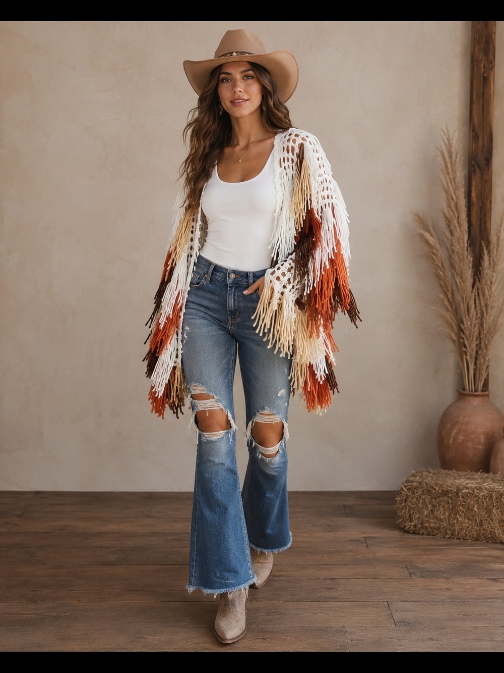 Fringed Multicolor Open-Front Jacket - White/Tan/Rust